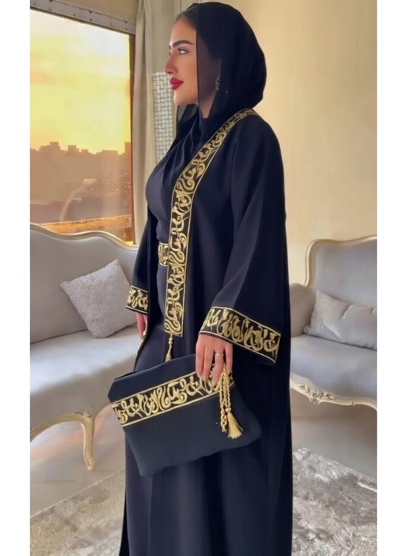 Luxurious women's Cardigan abaya with a gold embroidered Islamic pattern — a sophisticated and elegant design for special occasions and luxurious looks + belt and bag included as a gift. Add a touch of glamour and sophistication to your look. Code 4039 - Image 2